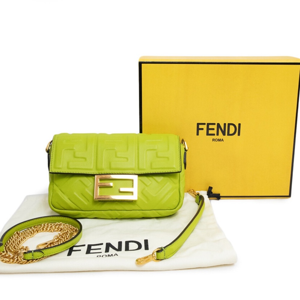 Authentic Fendi Green Mini Baguette Embossed Leather Shoulder Bag - FULL SET